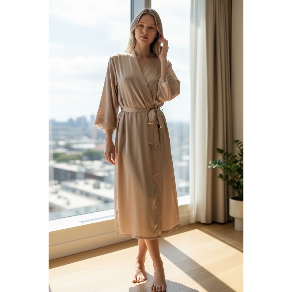 FLORA Champagne Pink Satin Long Robe Lace Sleeve Trim Wrap Belted Loungewear S/M